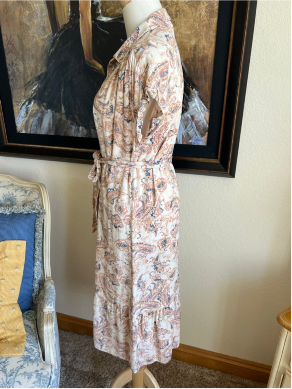 NWT Lucky Brand Paisley Midi Dress M Beige Blue - Picture 8 of 12
